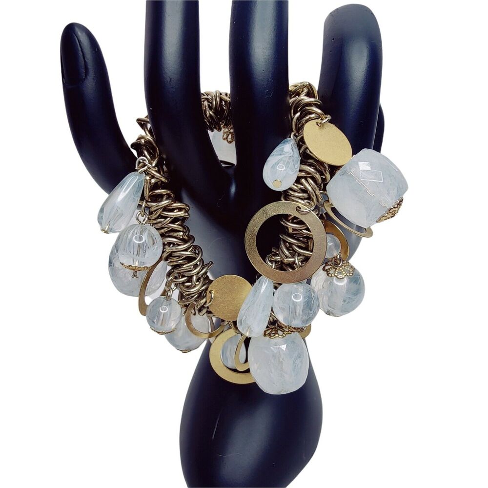 Chunky‎ Gold White Plastic Metal Statement Dangly Bangle Bracelet Women Jewelry